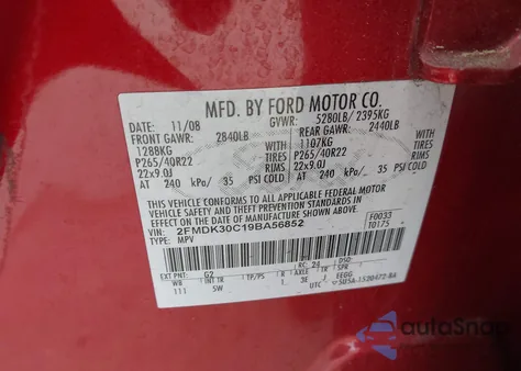 2009 Ford Edge Sport from USA, damaged, VIN 2FMDK30C19BA56852